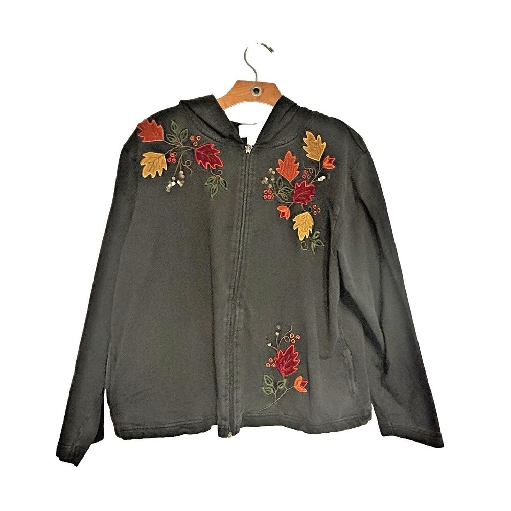 Vintage Zip Up Hoodie Jacket Black Colorful Leaves Pockets Mandal Bay Women's L